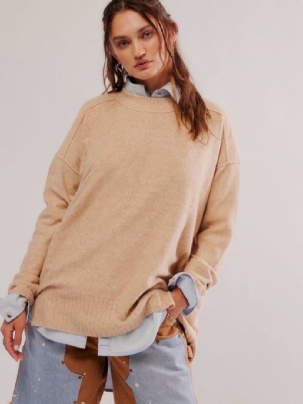 NWT Free People Cozy Camel Crewneck Sweater size Medium but oversized